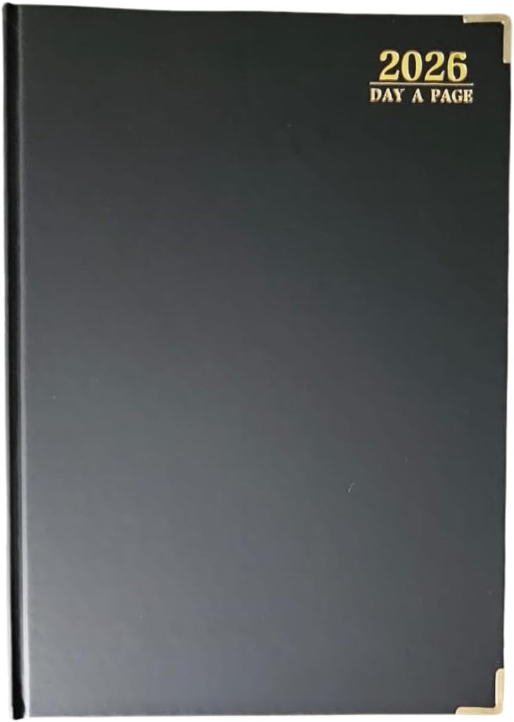 2026 A4 Day Per Page Diary – Half-Hourly Appointment Book with Times, Day-to-View Planner, PU Leather Padded Hardback, Ribbon Marker – Black & Gold