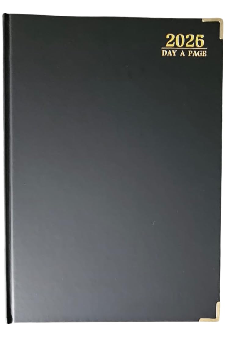 2026 A4 Day Per Page Diary – Half-Hourly Appointment Book with Times, Day-to-View Planner, PU Leather Padded Hardback, Ribbon Marker – Black & Gold