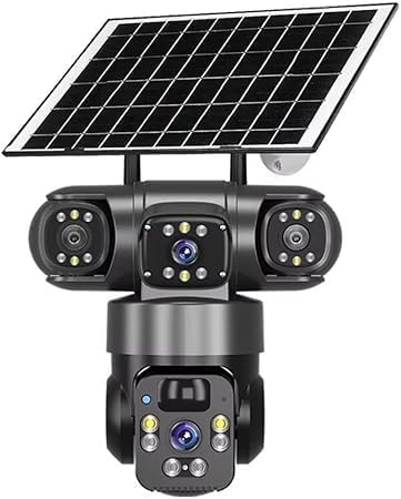 Solar Powered Security Camera 4K Wireless Outdoor 360° Pan Tilt Three Lens Battery CCTV System 2.4G WiFi Surveillance(Black)