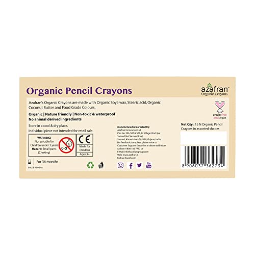 Image of Azafran Organics 15 Non-Toxic Plant-Based Pencil Crayons, For Pre School Kids, Hypoallergenic, No Mineral Oils Or Harmful Chemicals, Multi-coloured