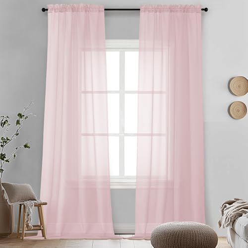 Image of OVZME Blush Pink Sheer Curtains 96 Inches Long 2 Panels - Soft Light Filtering Window Sheer Panels for Living Room /Bedroom, Top Dual Rod Pocket, 1 Pair, Each 42Wx96L Inches