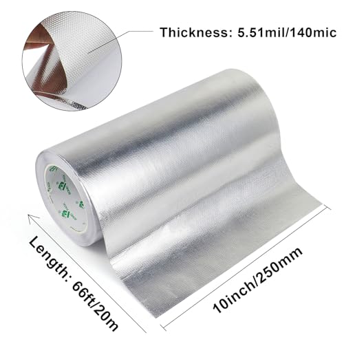 Image of BOMEI PACK Adhesive Aluminum Foil Heat Shield Tape 10inch x 66ft Barrier, Fiberglass Thermal Insulation Reflective Material High Temp Protectionn,1 Pack