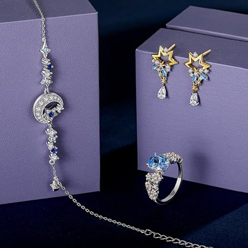 Jeulia Luna Astra Moon and Star Tennis Bracelet for Women | Sparkling CZ Bling Blue Celestial Charms | 925 Sterling Silver Adjustable Slider Chain | Gift Box Included3