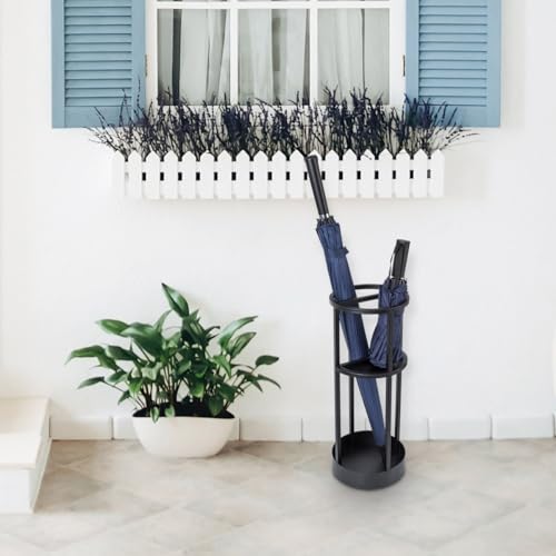 Image of Metal Umbrella Stand with Drip Tray, Black, Round, 19.7 x 8.0 Inch, Entryway Holder