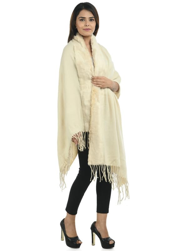 Image of Manra Women's Solid Faux Fur Border Stole Shawl Warm Wrap Cape for Winters (SC 14)