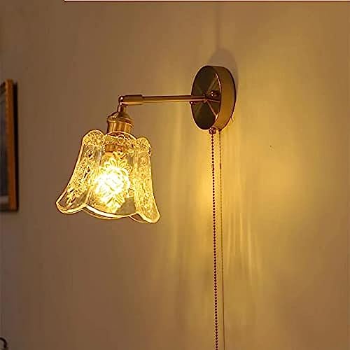 SHREALMS Applique Murale Vintage en Bronze en Laiton avec Interrupteur à Tirette - Lampe de tête de lit en Verre à Motifs pressés pour Chambre à Coucher,...