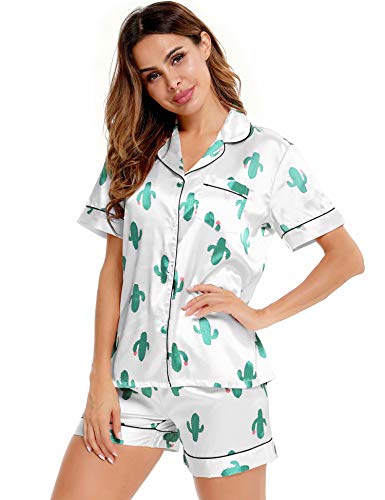 Image of SWOMOG Womens Silk Satin Pajamas Set Short Sleeve Sleepwear Button Down Top and Shorts Loungewear 2 Piece Pjs Set XS-3XL(Cactus White, XX-Large)