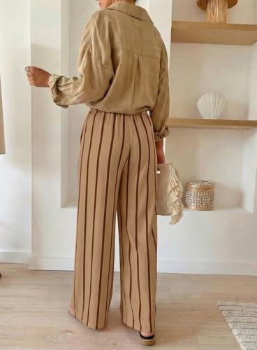 Image of Acelitt Women Casual Drawstring Elastic Waist Striped Wide Leg Pants with Pockets, S-XXL