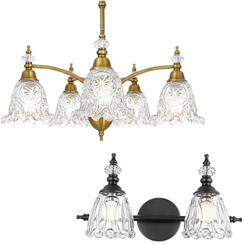 Ditoon Vintage 5 Light Brass Dining Room Light Fixtures Over Table, 2 Light Bathroom Vanity Lighs, Flower Glass Shade Bathroom Wall Sconce Lighting Cover