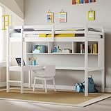 PVWIIK Twin Size Loft Bed with Shelves and Desk,Solid Wood Loft Bed Frame w/Safety Guardrail and Ladder,Space Saving Design, No Box Spring Needed, White