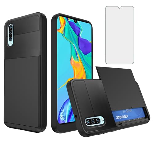 Image of Asuwish Phone Case for Huawei P30 with Tempered Glass Screen Protector Cover and Card Holder Slot Hybrid Full Body Protective Shockproof Mobile Cell Accessories Hawaii P 30 ELE-L29 Women Men Black