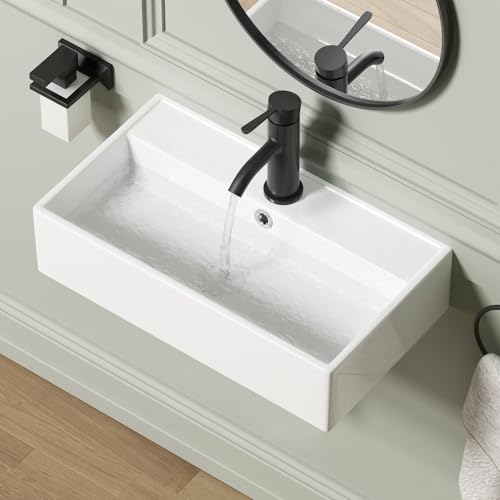 Wall Mount Rectangular Bathroom Sink QISHKA 22x12.4 Modern Ceramic Floating Vessel Sink White Rectangle Vanity Sink with Overflow Wall Hung Wash Hand Basin
