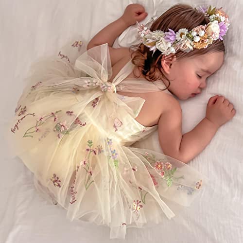 Rsrzrcj Baby Girl Lace Tulle Romper Dress Sleeveless Flower Embroidery Mesh Tutu Princess Dress Fluffy Brithday Photoshoot (Creamy Yellow, 12-18 Months) #TOP1