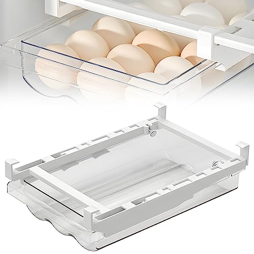 Delamiya Organizador de Huevos con Cajón para Refrigerador Caja para Huevos Transparente con Cajón Extraíble Dispensador Automático para Hasta 21 Huevos Ahorra Espacio en PET