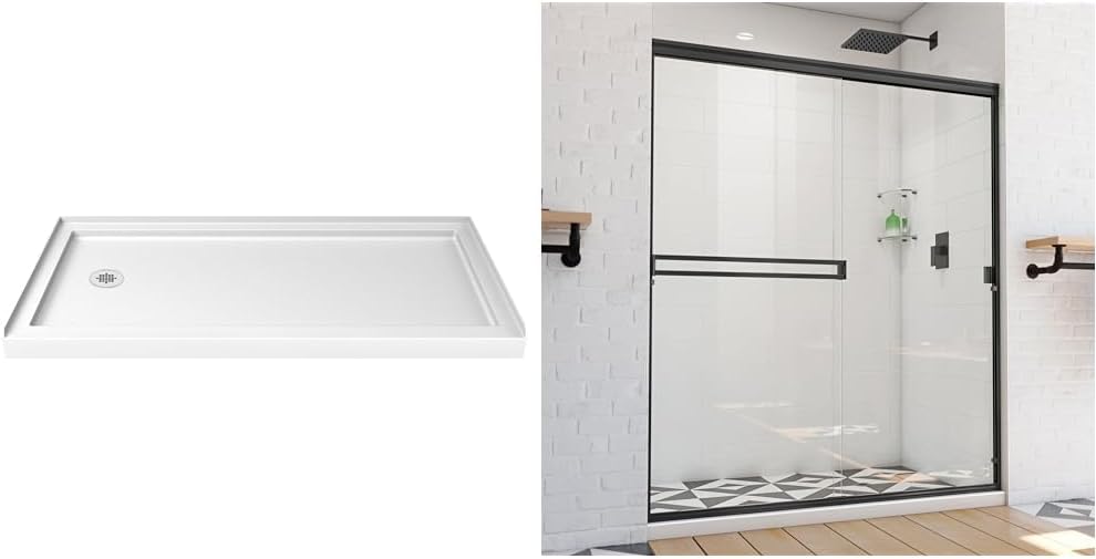 DreamLine 32 in. D x 60 in. W Single Threshold Shower Base and 56-60 in. W x 70 3/8 in. H Semi-Frameless Bypass Shower Door Bundle in White and Black