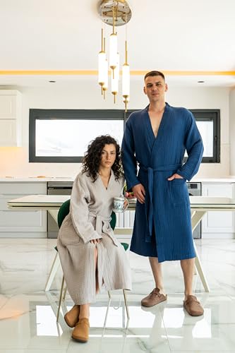Image of Muslin Unisex Bathrobe Women & Men, 100% Cotton Kimono Lightweight Robe | Long Robes Soft, Absorbent, Spa robes