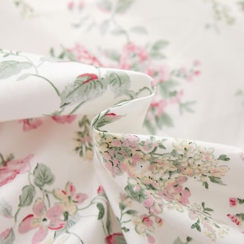 Image of VM VOUGEMARKET Queen Duvet Cover Set Pink Floral Bedding Set on White 100% Cotton Reversible Vintage Comforter Cover with Zipper&Ties