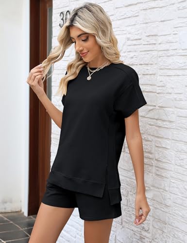 LOMON Womens Fashion 2 Piece Outfits Sweatsuits 2025 Summer Short Sleeve Loungewear Tracksuit Round Neck Lounge Shorts Sets3