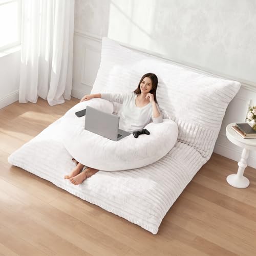 Homguava Giant Bean Bag Chair for Adults with Pillow, 4 in 1 Convertible Floor Cushion for Adluts, Memory Foamed Bean Bag Lounger with Washable Cover for Living Room, Bedroom
