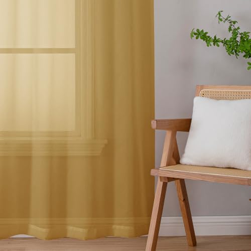 Image of Chyhomenyc Extra Long Gold Sheer Curtains 108 Inches Long 2 Panels, Light Filtering Gold Curtains for Living Room, Soft Gentle Voile Rod Pocket Bedroom Window Drapes, 59Wx108L Inch, 9FT, 2PCS