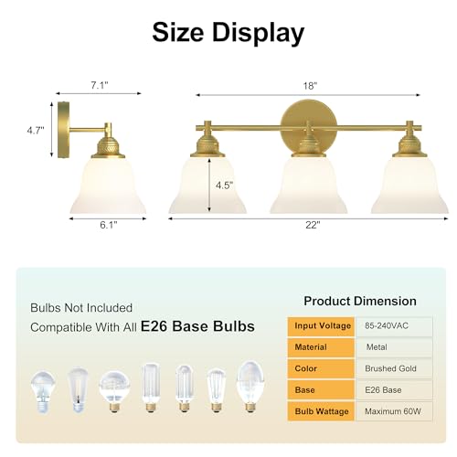 Image of Bathroom Lighting Fixtures Over Mirror, 22 inch,3-Light, Brushed Gold Modern, with Frosted Glass Shade, for Mirror Kitchen Living Room Hallway Cabinet Porch