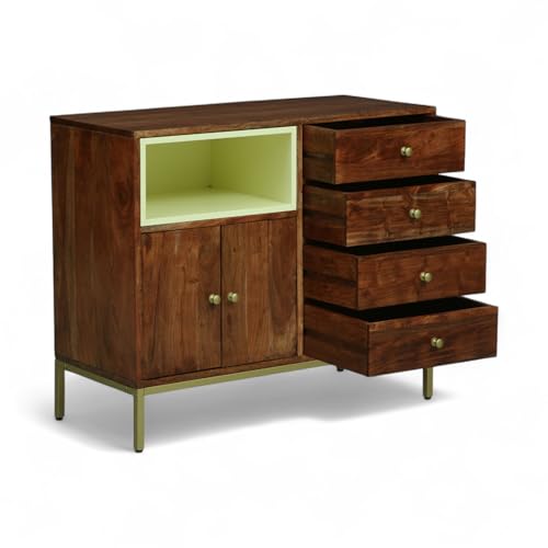 Image of Kalki Solid Wood 4-Drawer Storage Chest | Elegant Drawer Cabinet | Multi-Purpose Storage Cabinet | Finish - Tubaq & Off-White