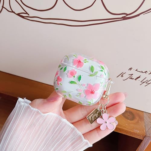 Image of MINSCOSE for AirPods 4 Clear Case,Cute Flower Plant Leaves Pattern Design with Trendy Floral Keychain,Soft TPU Protective Shockproof Case for Girls Women for Airpods 4-Pink