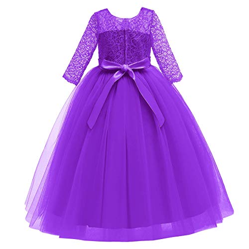 Image of Girls Flower Vintage Floral Lace 3 /4 Sleeves Floor Length Dress Wedding Party Evening Formal Pegeant Dance Gown