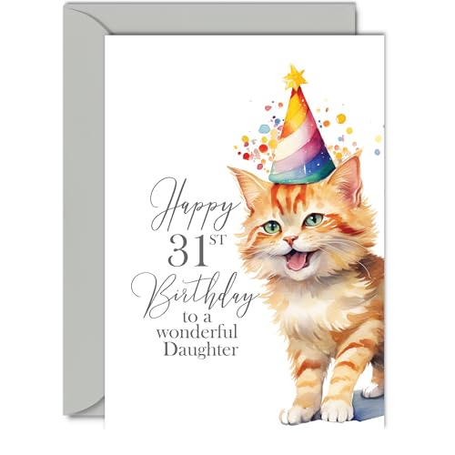 31st Birthday Cards for Daughter - Party Cat Kitten - Happy Birthday Card for 31 Year Old Daughter from Mum Dad, A5 Bday Woman Women Her Greeting Cards Gift for Daughter Birthday Gifts