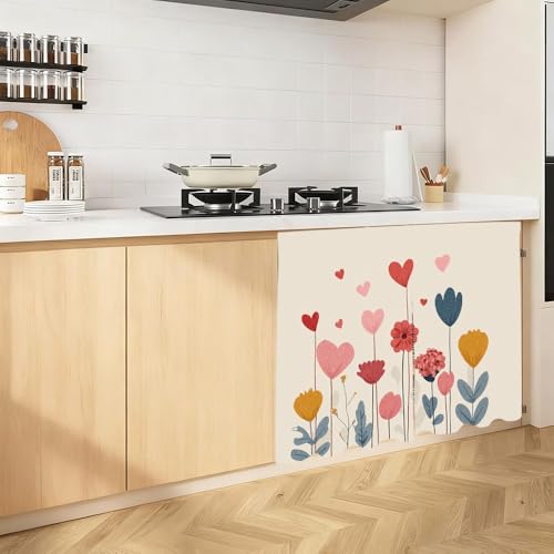 Image of Self Adhesive Floral Heart Cabinet Curtain for Mother's Day, 39x28 Inch Colorful Spring Flower Under Sink Skirt No Drill, Deep Cleaning Kitchen Decor, Hook and Loop Laundry Valance