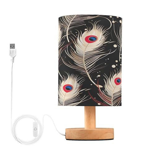 SDMKA Peacock Feathers Black Bedside Table Lamp for Bedroom, Minimalist Nightstand Lamp with Round Fabric Shade for Living Room, Office, No Bulb Required