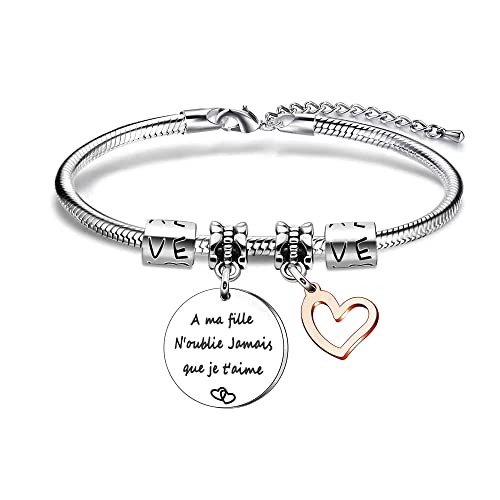 Bracelet inspirant pour femme, Personnalisé bracelets femme en acier inoxydable Bijoux réglables, Cadeaux d'anniversaire pour femmes filles mamans (A ma fille)