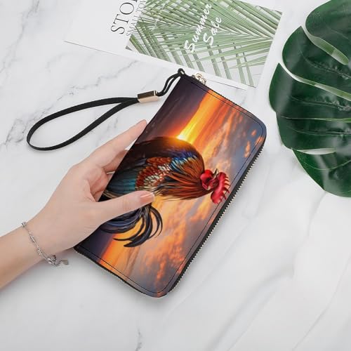 Rooster Leather Wallet Fashion Bifold Purse Long Pouch with Wrist Strap for Men Women3