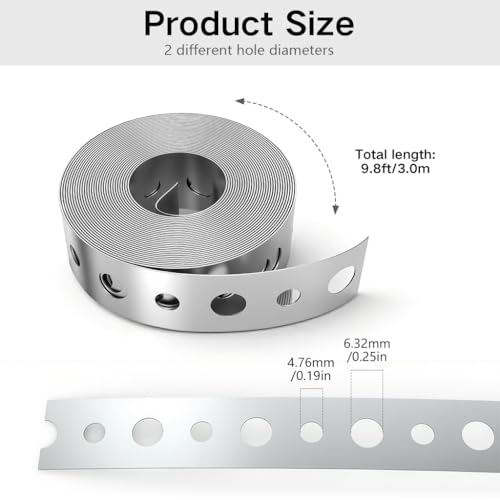 Image of Serplex Galvanized Steel Perforated Hanging Strip, Dual Size Pre-drilled Holes, 6.32mm & 4.76mm, Zinc-Plated Metal Mounting Strap for Pipe Support, Bracing, Hanging & DIY Installation, 300cm x 2 cm