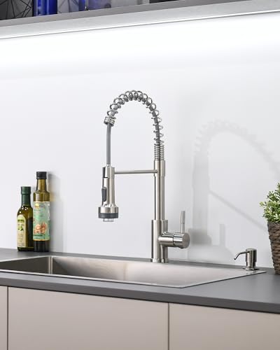 Image of GIMILI LED Kitchen Faucet with Soap Dispenser, Modern Single Handle Spring Kitchen Sink Faucets with Pull Down Sprayer