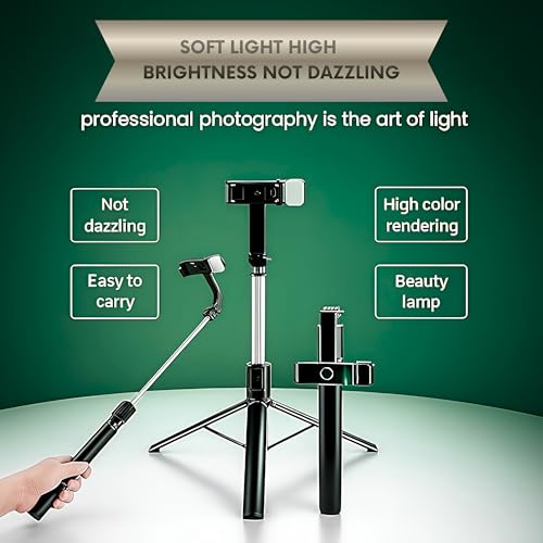 Image of Selfie Stick Tripod 67cm with Bluetooth Remote & Light (4 FT) | 3-in-1 Multifunctional, Foldable Design, Metal Build, Smartphone Compatible, 1 Year Warranty