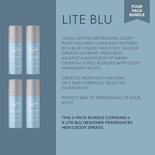 Designer Fragrances 4 Pack Lite Blue Men's Body Spray Deodorant Cans - For Instant Freshness on The Go - Long Lasting Smell - Great Male Gift Sets- 150ml - Image 3