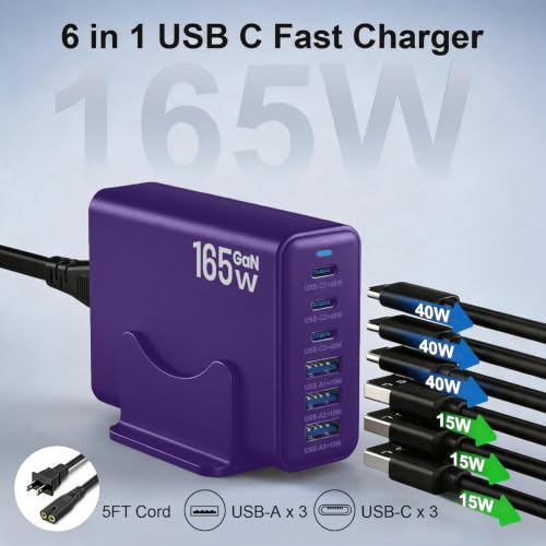 Image of 165W Charging Station, 6 Port Desktop Charger, 3 Ports 40W Purple | Multi-Device Charger, 3 PD USB C 40W and 3 15W USB A, Compatible with iPhone, Galaxy, MacBook, Tablets, Home Office, Travel