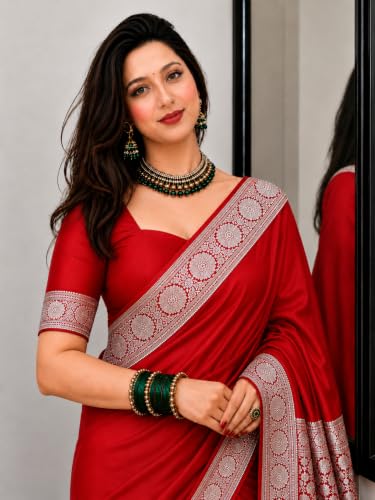 Image of Women's Glory Banarasi Satin Kanjivaram Saree Silver Zari Border Pure Soft Blend Silk Sari Kanchipuram Paithani Silk Party Wedding Festive New Ladies Sadi with Unstiched Blouse Piece.