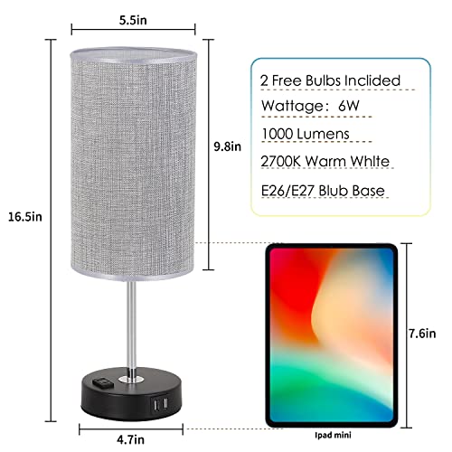 Spacrea Bedside Lamps For Bedrooms Set Of 2, 3 Way Dimmable Nightstand Lamp, Touch Lamp With 2 Usb Port & Ac Outlet, Round Grey Fabric Shade Bedside Lamps, Small Table Lamp For Bedroom Lamps #TOP5