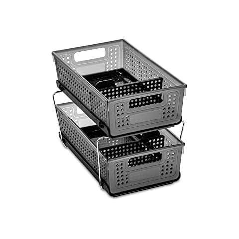 Madesmart 2-Tier Organizer Multi-Purpose Slide-Out Storage with Handles and Dividers for Home and Bath, BPA Free, Pack of 1, Carbon Cover