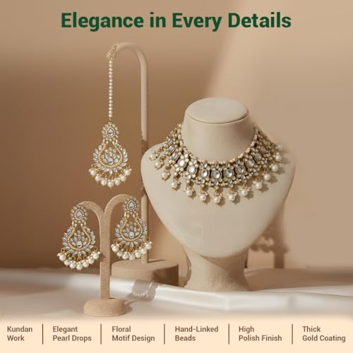 Image of I Jewels Gold Plated Traditional Kundan Pearl Drop Choker Necklace Jewellery With Earrings & Maang Tikka Set For Women /Girls