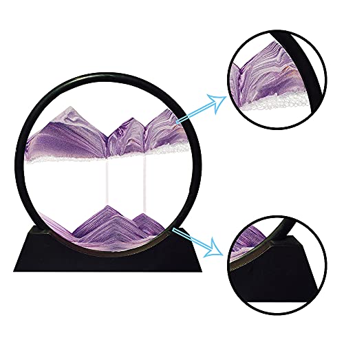 Image of Aoderun Moving Sand Art Picture Round Glass 3D Deep Sea Sandscape in Motion Display Flowing Sand Frame Relaxing Desktop Home Office Work Decor (12 inch, Purple)