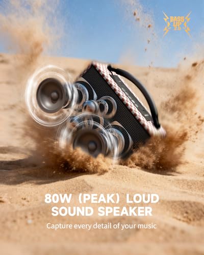 Image of DINDIN Portable Bluetooth Speaker: 80W (Peak), 20H Playtime, Loud Wireless Wood Speakers with Bass, AUX and USB Input, Subwoofer, TWS Pairing, Vintage Speaker for Outdoor, Home, Office (Red+White)