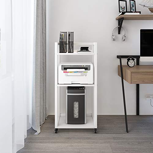 Natwind 3-Tier Movable Printer Stand With Storage Rolling Floor-Standing Deskside Shredder Computer Host Stand Adjustable Storage Shelf Rack On Wheels For Office Supplies Fax Scanner File Book (White) #TOP6