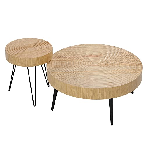 Homfamilia 2 Pieces Boho Round Wood Coffee Table Set, Farmhouse Circle Living Room Table Set Of 2, Modern Ring Motif Natural Wood Finish Side And End Table Set For Living Room, Bedroom, Cafe, Office #TOP6