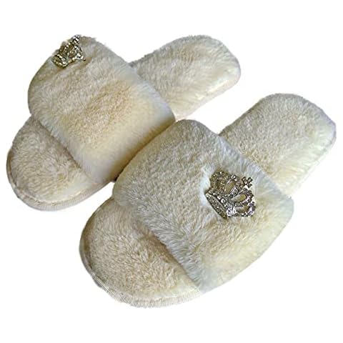Women's fur flat slippers, winter faux wool golden glitter crown decoration open-toed warm soft non-slip plush slippers,4.5-5 Cover