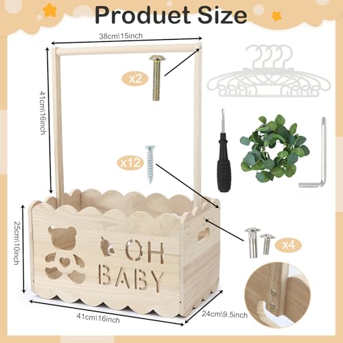 Image of Wooden Baby Shower Crate Closet with Hangers, Baby Shower Gifts Basket with Handle Garland Storage Crate Hamper for Pregnant New Parents (Wood Color)