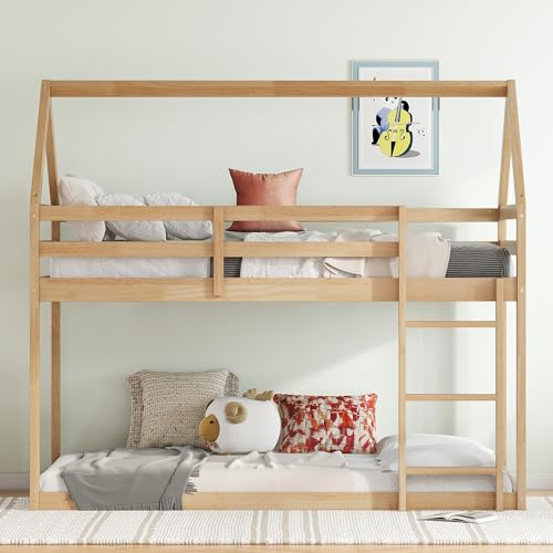 Twin over Twin Floor Bunk Bed with House Roof Frame,Rubber