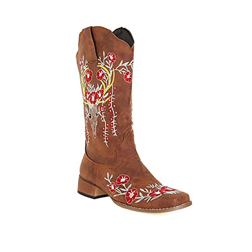 Cowboy Boots for Women Comfortable Retro Pull On Pointed Toe Classic Boot Embroidered Mid-Calf Pointed Toe Cowgirl Boot (Color : Brown, Size : 9 US)